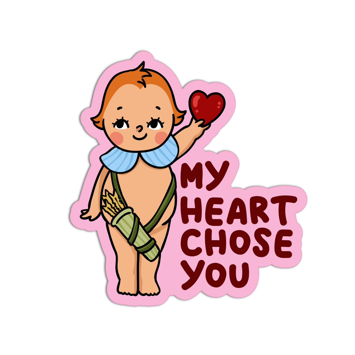 Cartoon character holding a heart with 'My Heart Chose You' text on a pink border