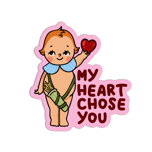 Cartoon character holding a heart with 'My Heart Chose You' text on a pink border
