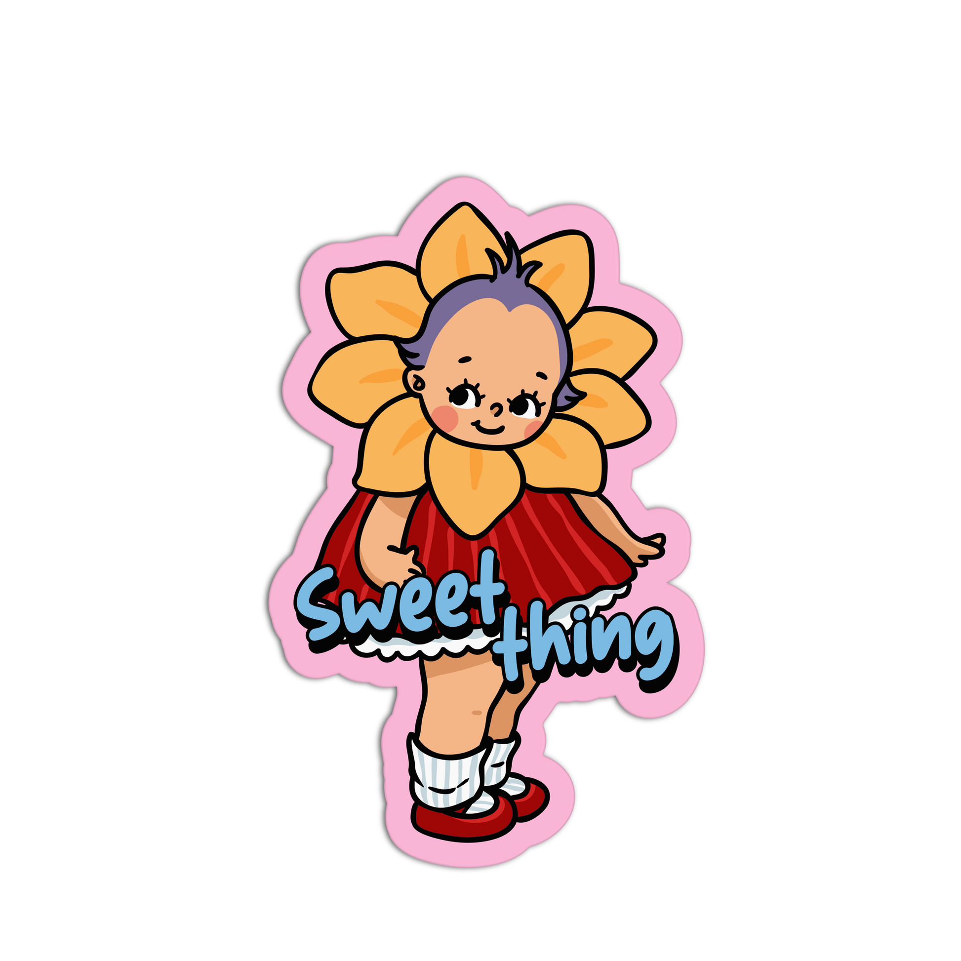 Cartoon character with sunflower design and 'sweet thing' text on a white background