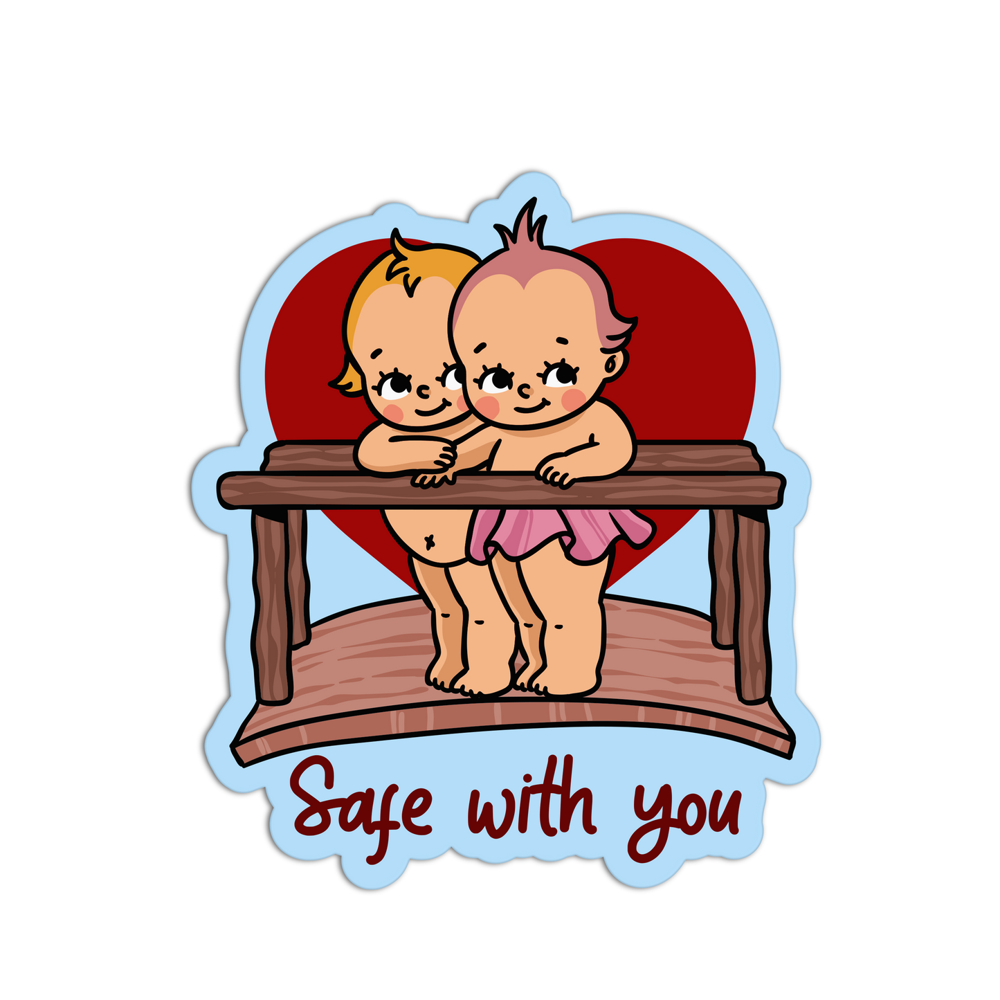 Illustration of two babies on a swing with 'Safe with you' text, on a white background.