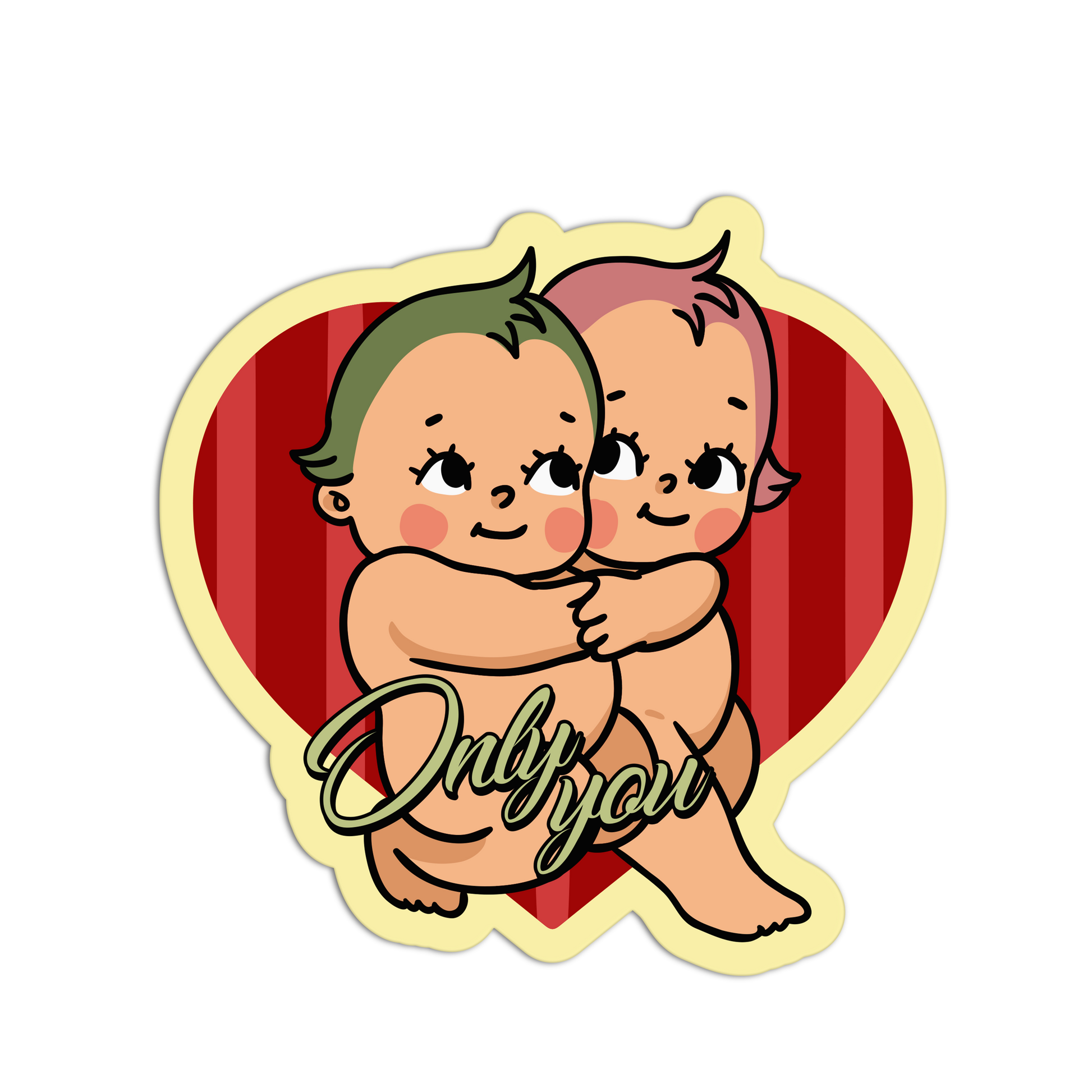 Illustration of two babies hugging with 'Only you' text on a red heart background