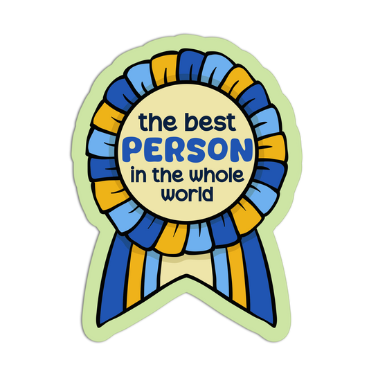 Decorative badge with blue and yellow ribbons and text on a white background