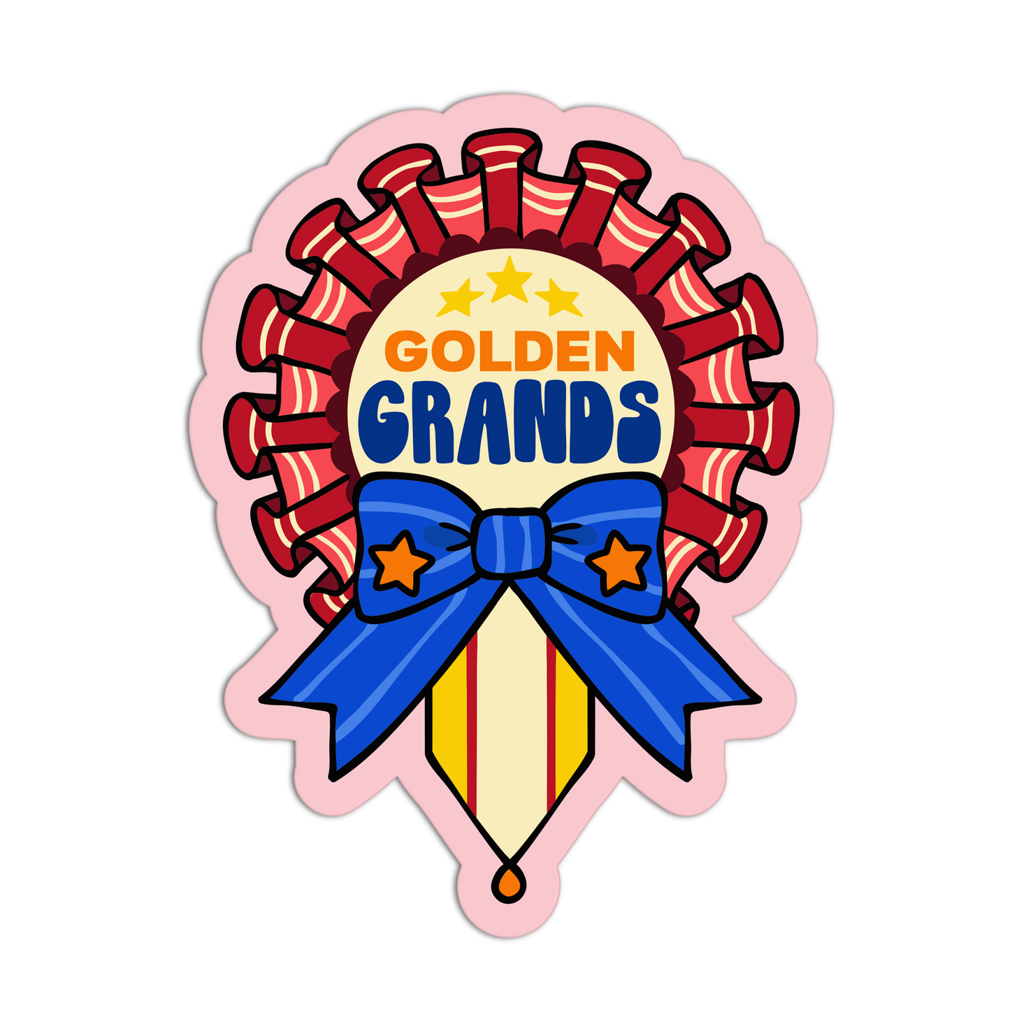 Decorative badge with 'Golden Grands' text and a blue bow on a white background