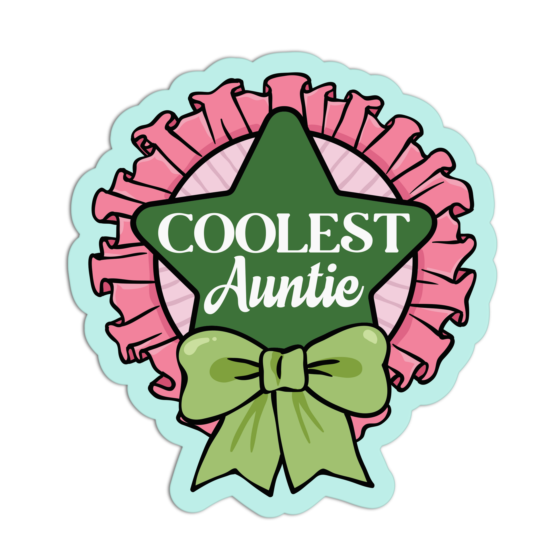 Sticker with 'Coolest Auntie' text in a green star surrounded by pink ribbons and a green bow on a light blue background.