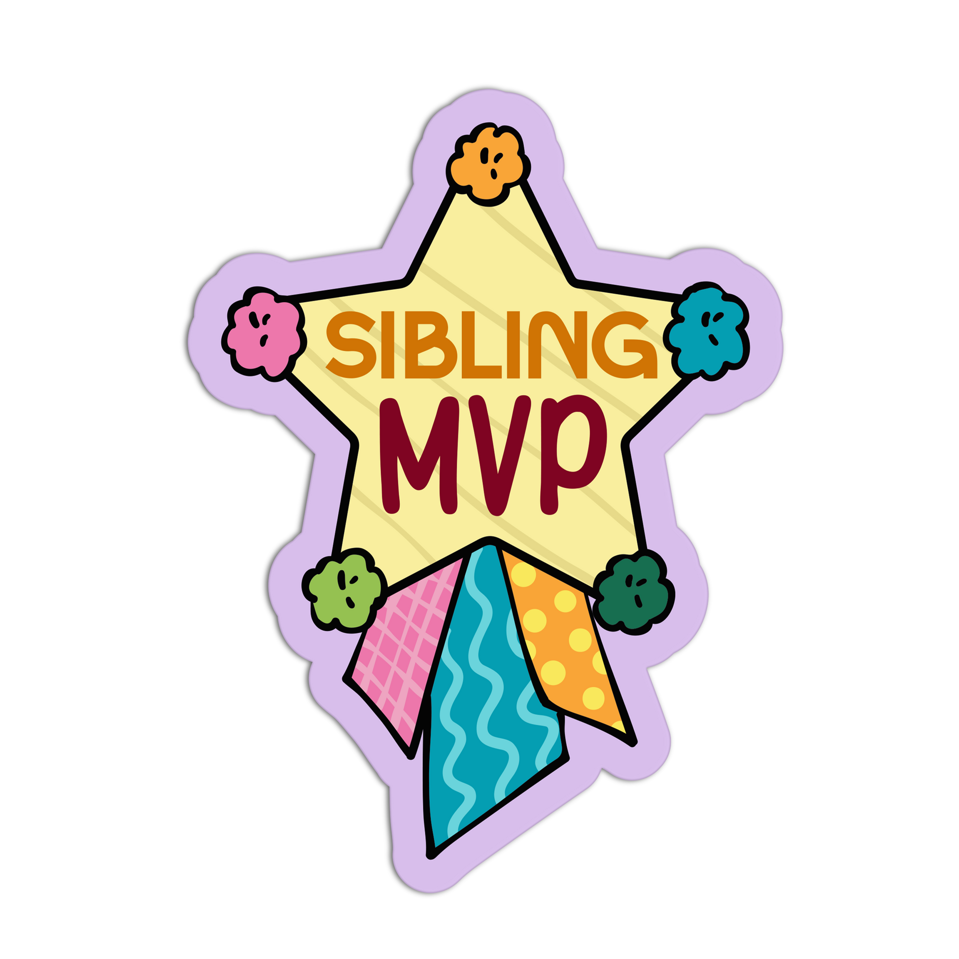 Colorful star-shaped sticker with 'Sibling MVP' text on a white background