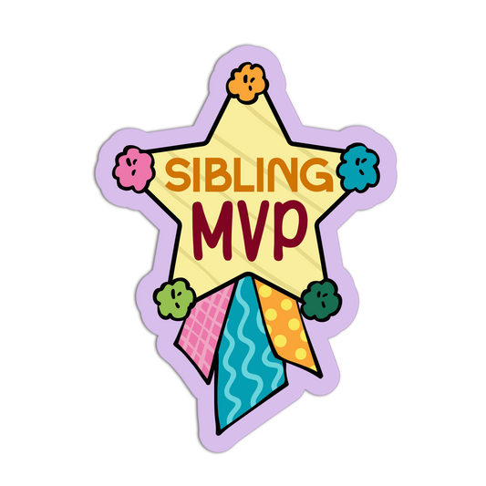 Colorful star-shaped sticker with 'Sibling MVP' text on a white background