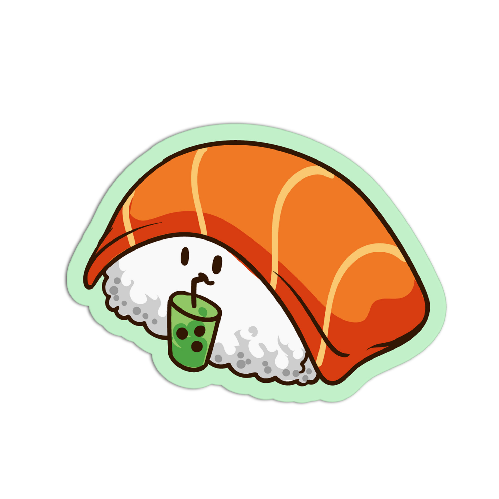Cartoon sushi roll with a face drinking a green drink on a white background
