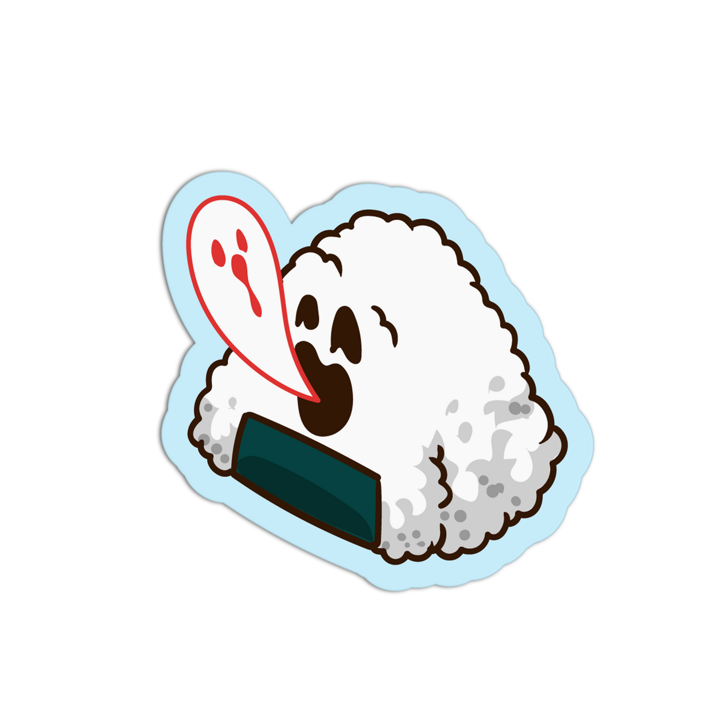 Cartoon ghost with a red heart and a laptop on a white background