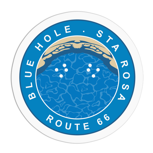 Circular sticker with Blue Hole Sta Rosa Route 66 text and blue water design