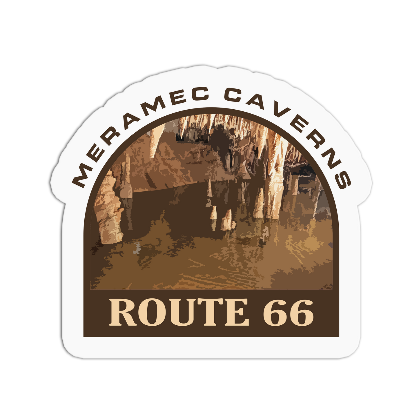 Sticker with Meramec Caverns and Route 66 text and cave entrance illustration.