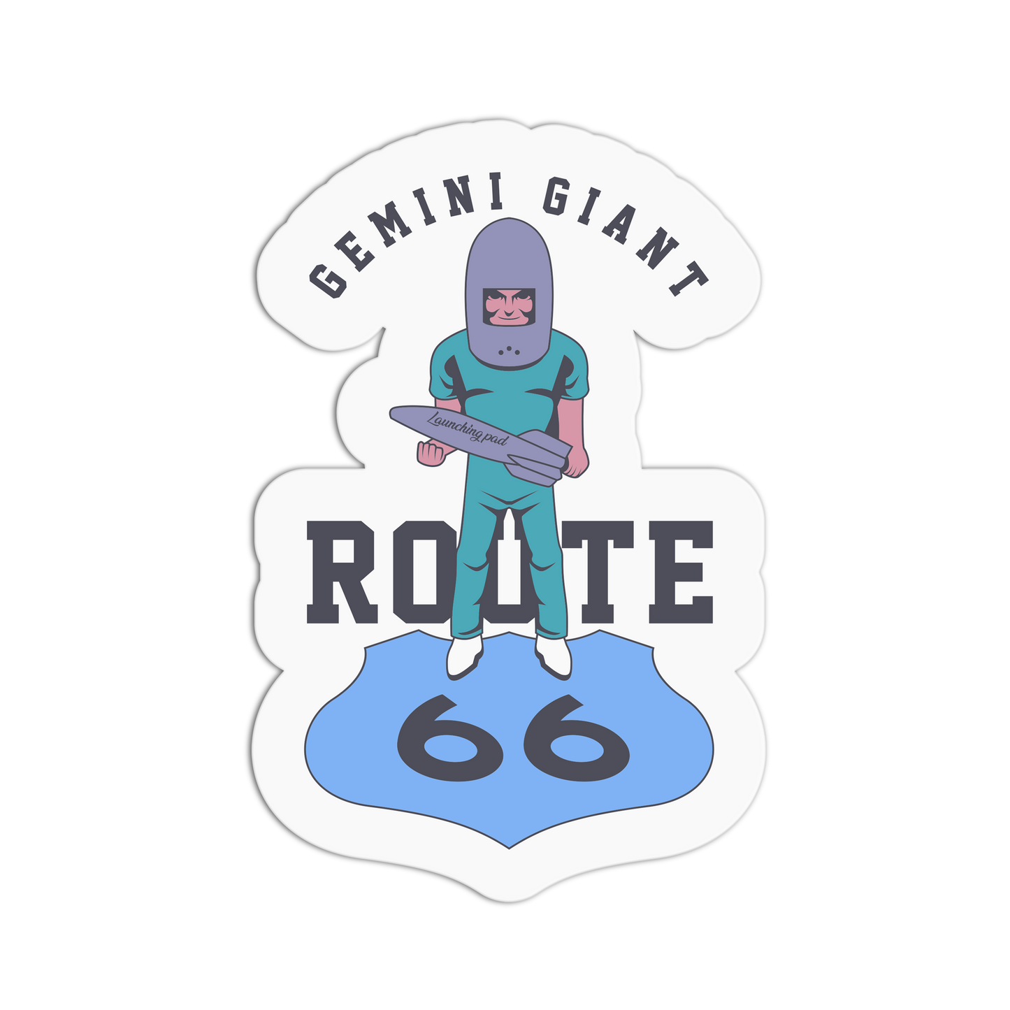 Sticker with a person in a green suit and helmet, holding a sign, on a white background with 'Gemini Giant Route 66' text.