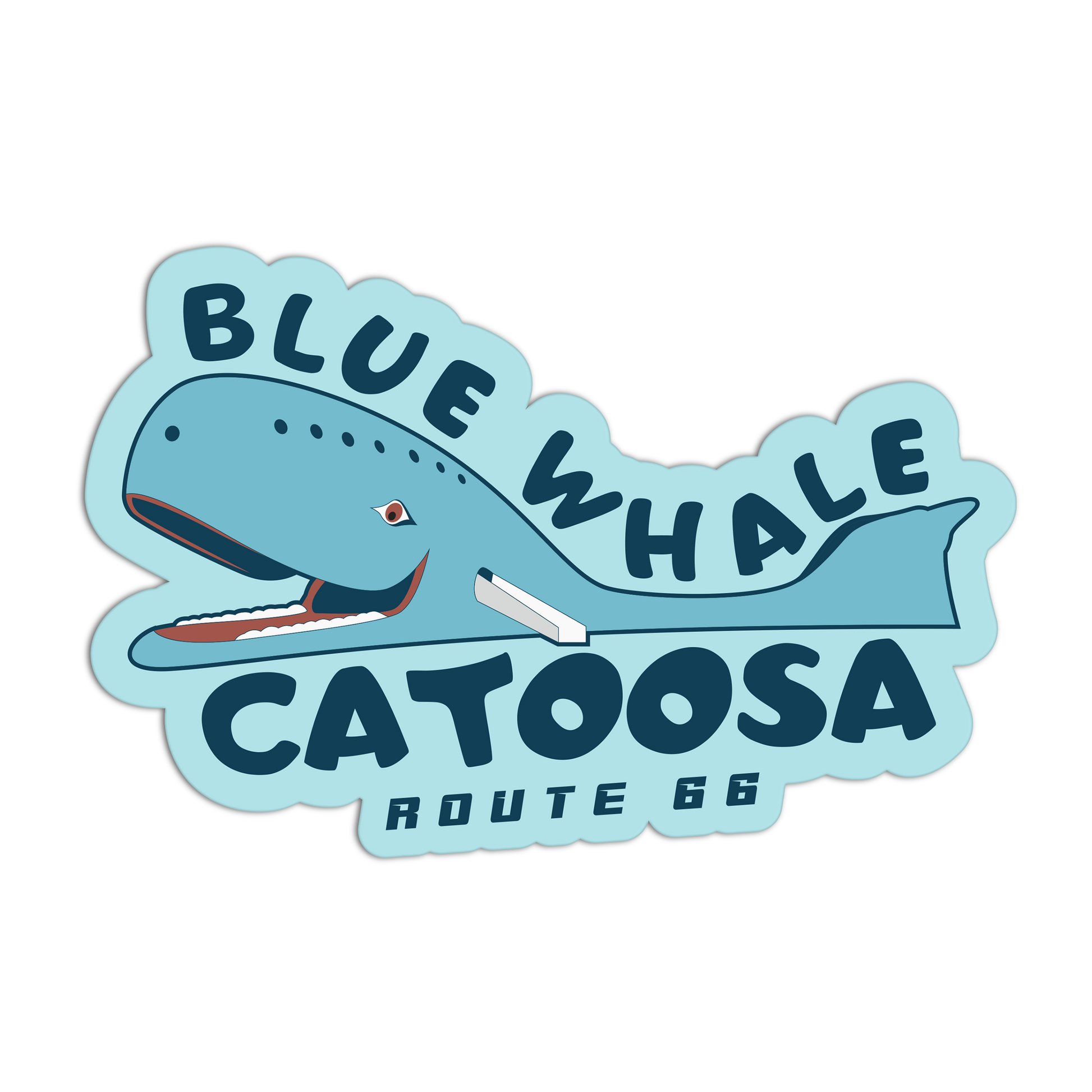 Sticker of a blue whale with text 'Blue Whale Catoosa Route 66' on a light blue background