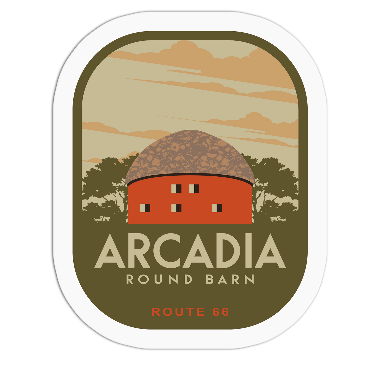 Sticker of Arcadia Round Barn with trees and sky in the background