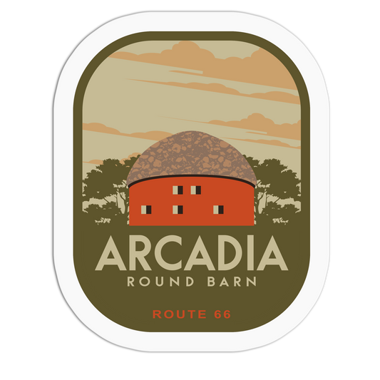 Sticker of Arcadia Round Barn with trees and sky in the background
