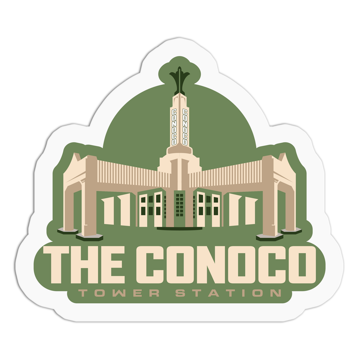 Sticker of The Conoco Tower Station with green and beige colors on a white background