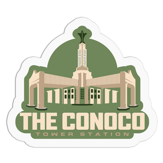 Sticker of The Conoco Tower Station with green and beige colors on a white background