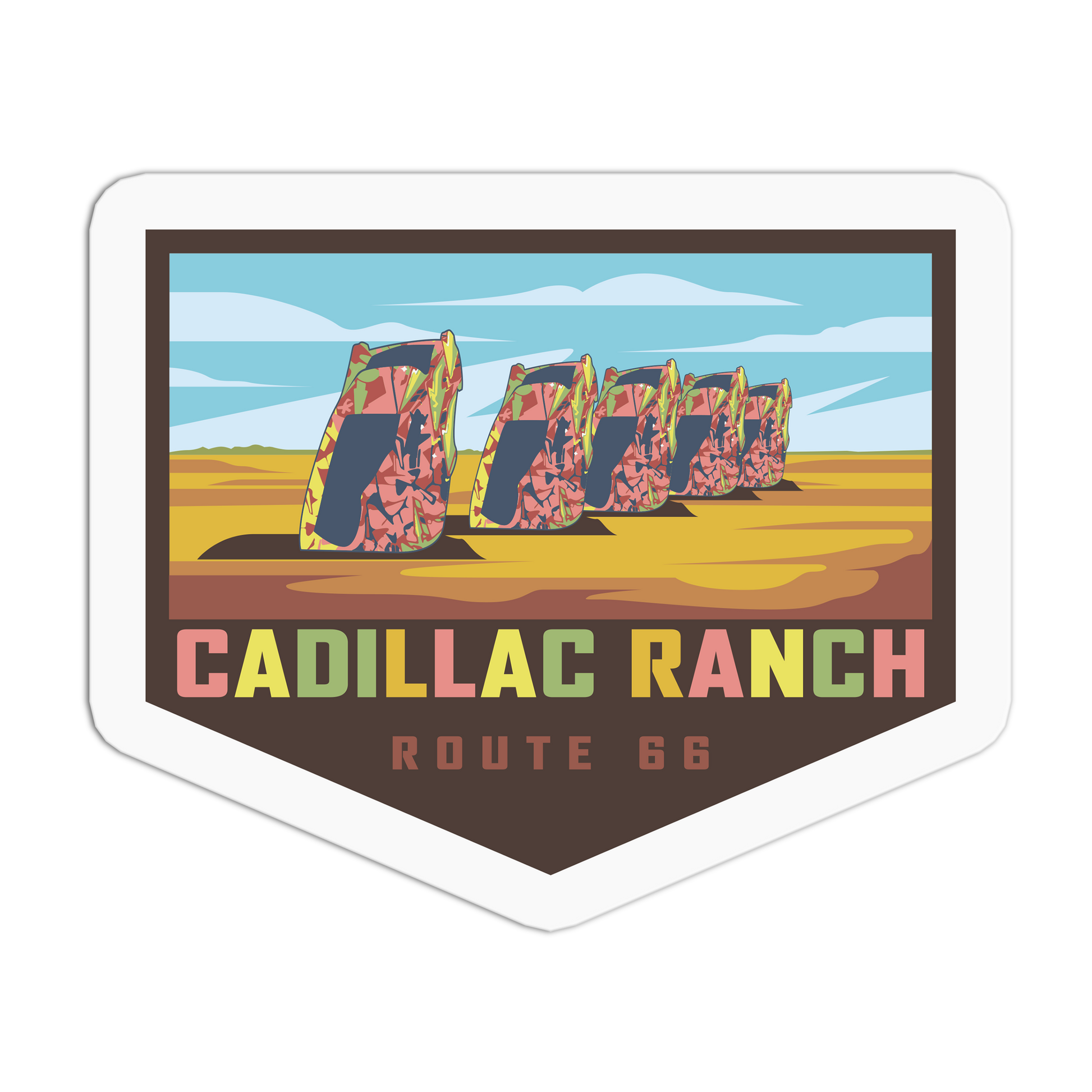 Sticker of Cadillac Ranch with colorful cars on a white background