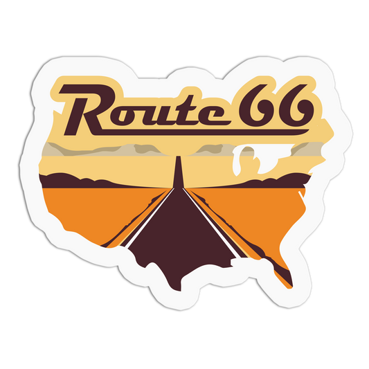 Sticker with 'Route 66' design featuring a road and landscape.