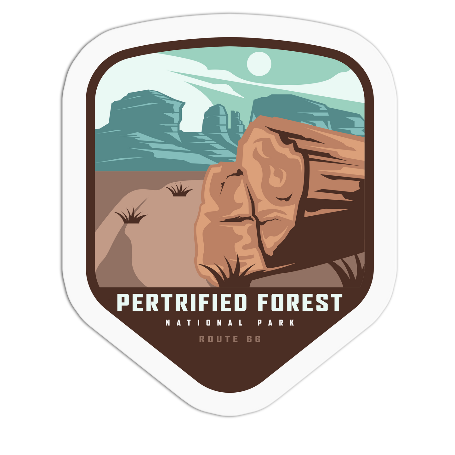 Sticker of Pertrified Forest National Park with desert landscape and text.