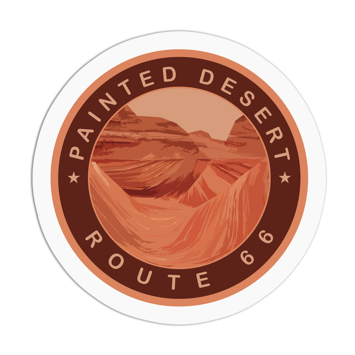 Round sticker with 'Painted Desert Route 66' design on a white background