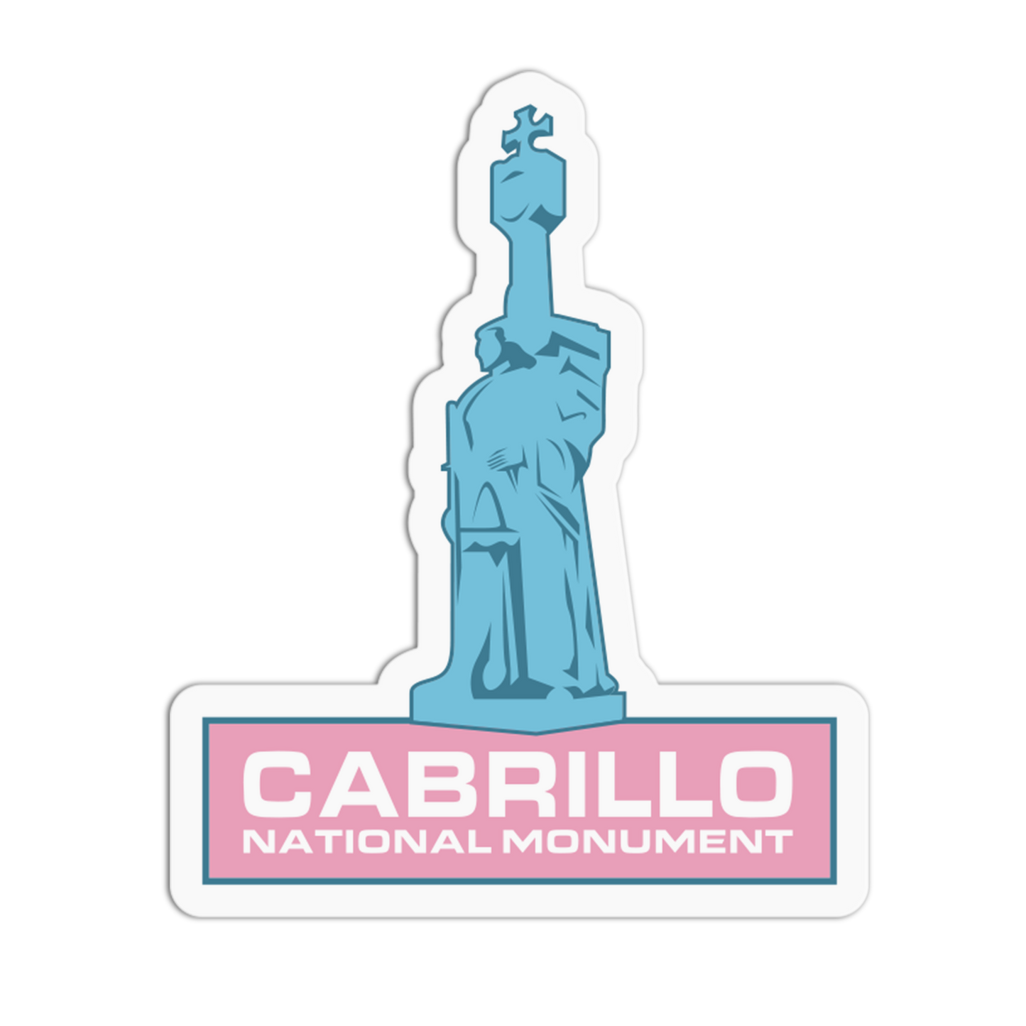 Sticker of Cabrillo National Monument with a blue statue and pink base on a white background