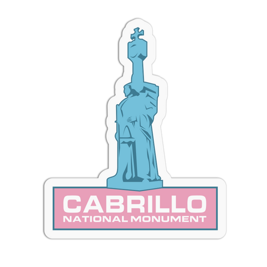 Sticker of Cabrillo National Monument with a blue statue and pink base on a white background