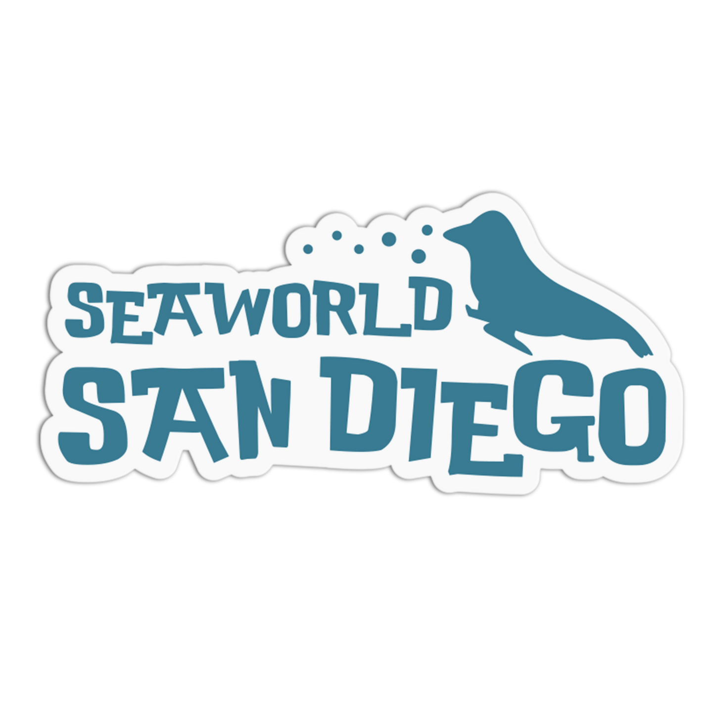 Sticker with 'Seaworld San Diego' text and a dolphin silhouette on a white background