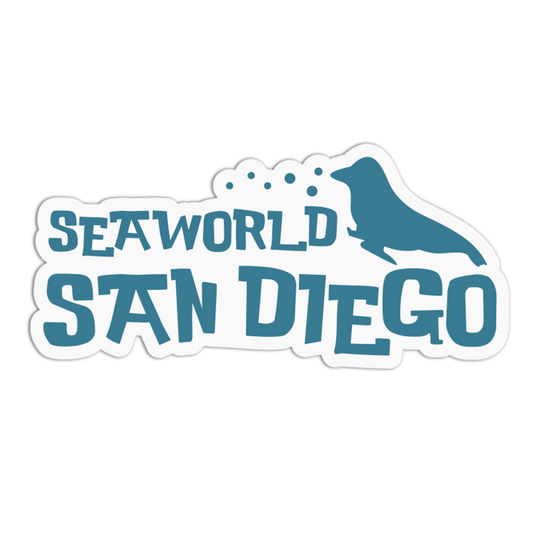 Sticker with 'Seaworld San Diego' text and a dolphin silhouette on a white background