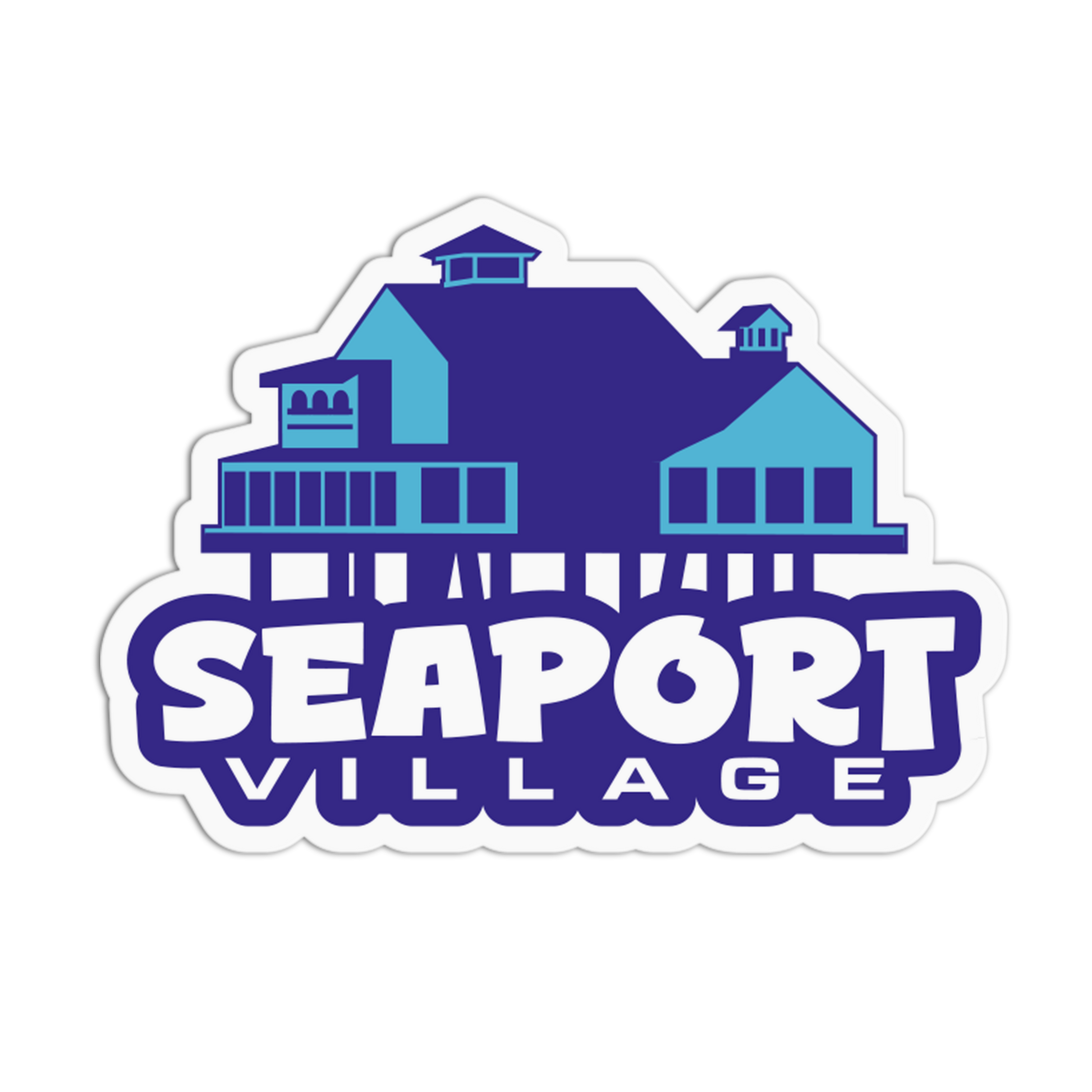 Sticker with 'Seaport Village' text and blue house illustration on a white background