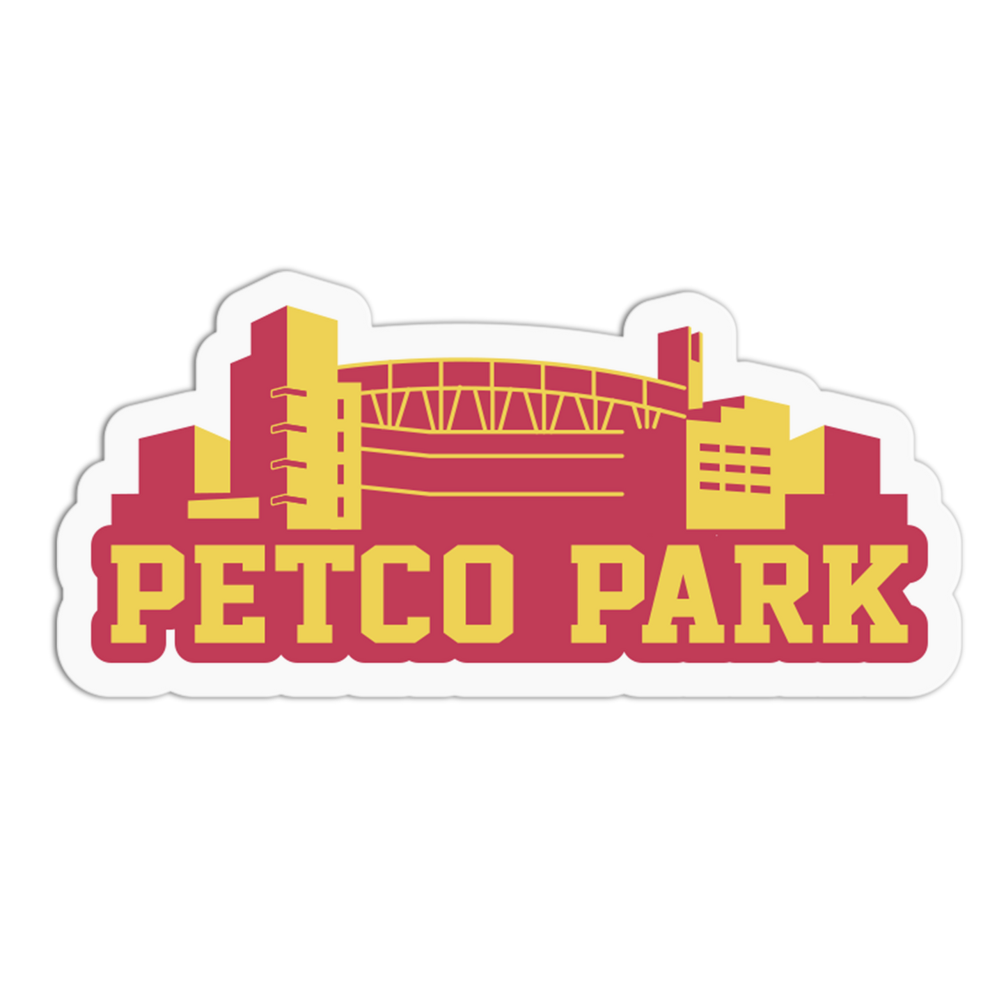 Sticker of Petco Park with red and yellow colors on a white background