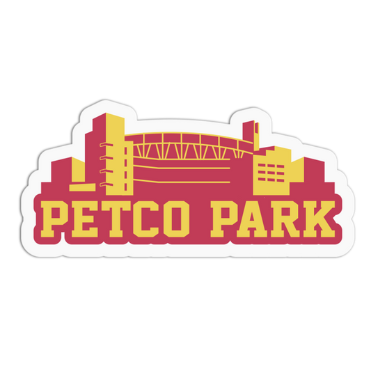 Sticker of Petco Park with red and yellow colors on a white background