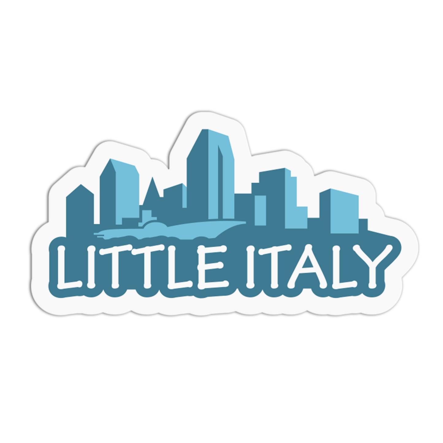 Sticker with 'Little Italy' text and cityscape design on a white background
