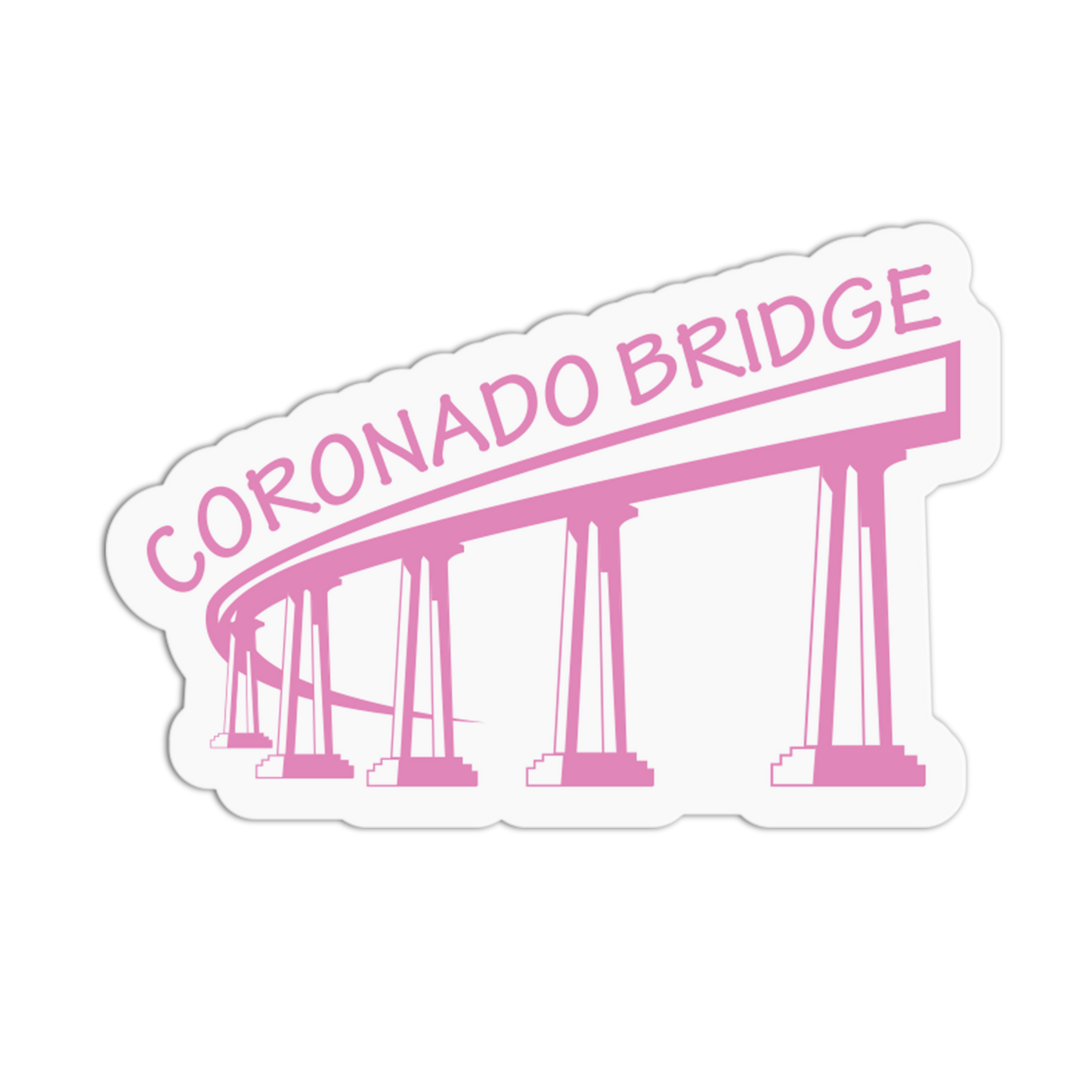 Pink illustration of the Coronado Bridge with 'Coronado Bridge' text on a white background