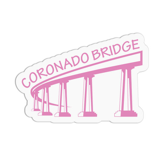 Pink illustration of the Coronado Bridge with 'Coronado Bridge' text on a white background