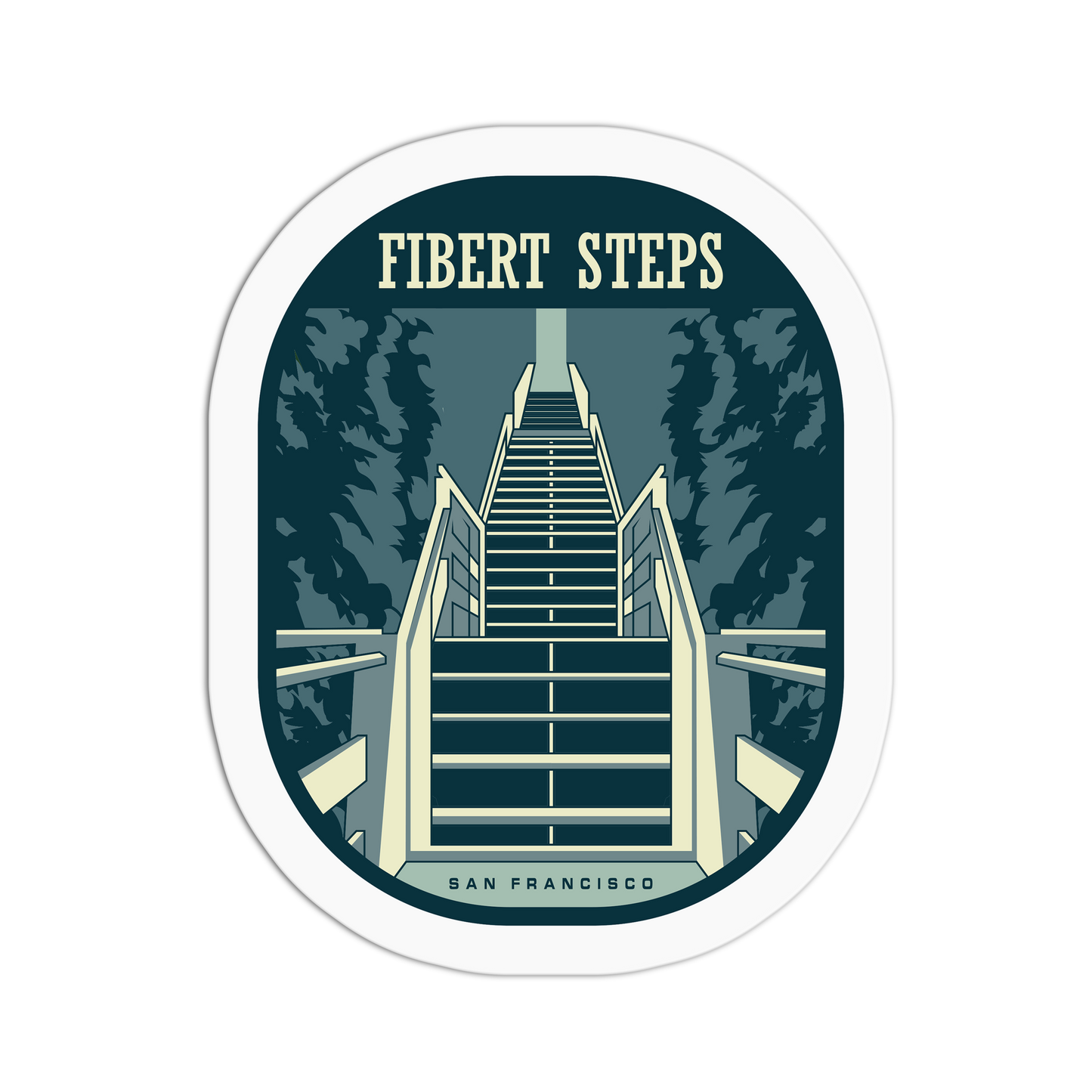 Sticker with 'Fibert Steps' design featuring a staircase and trees on a dark blue background.