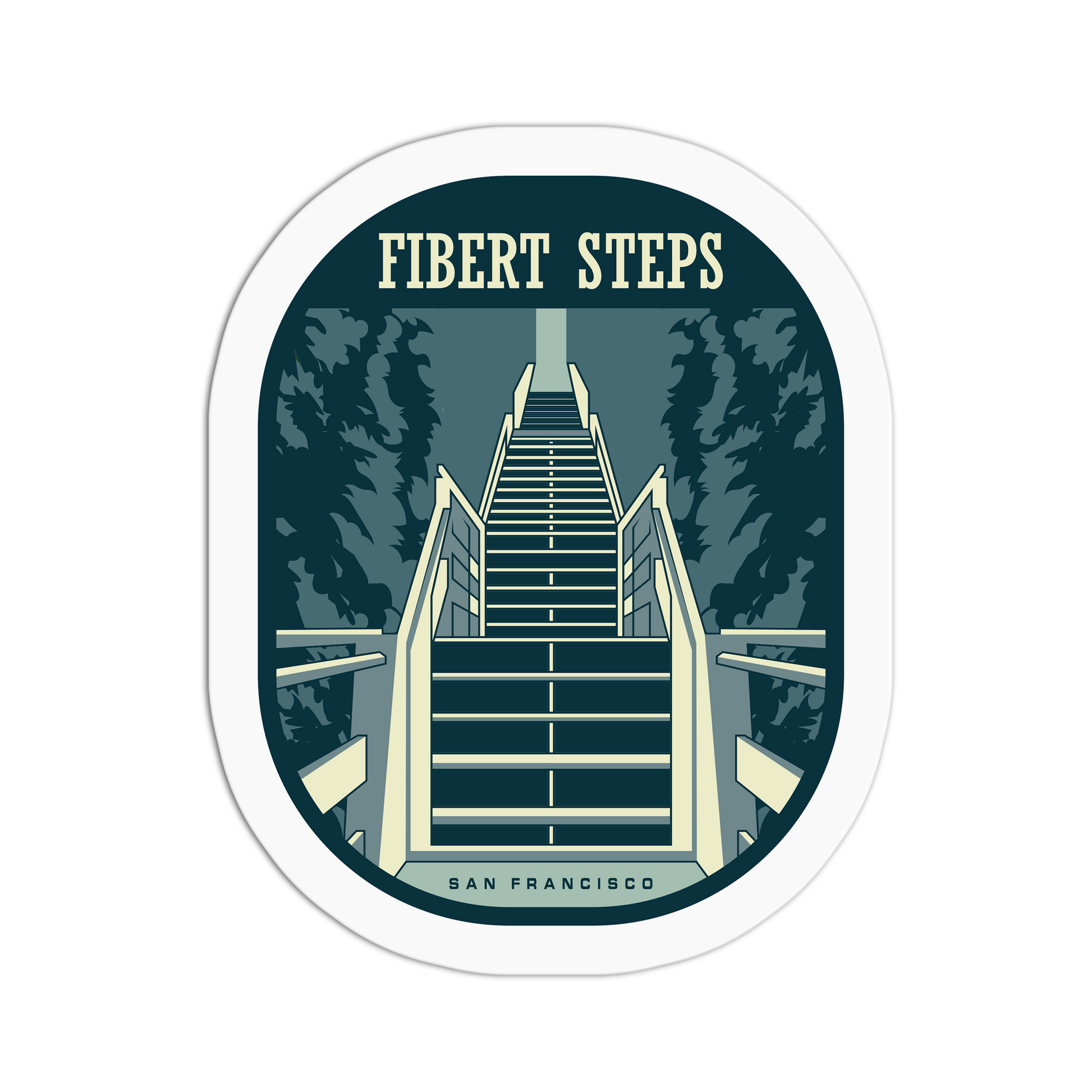Sticker with 'Fibert Steps' design featuring a staircase and trees on a dark blue background.