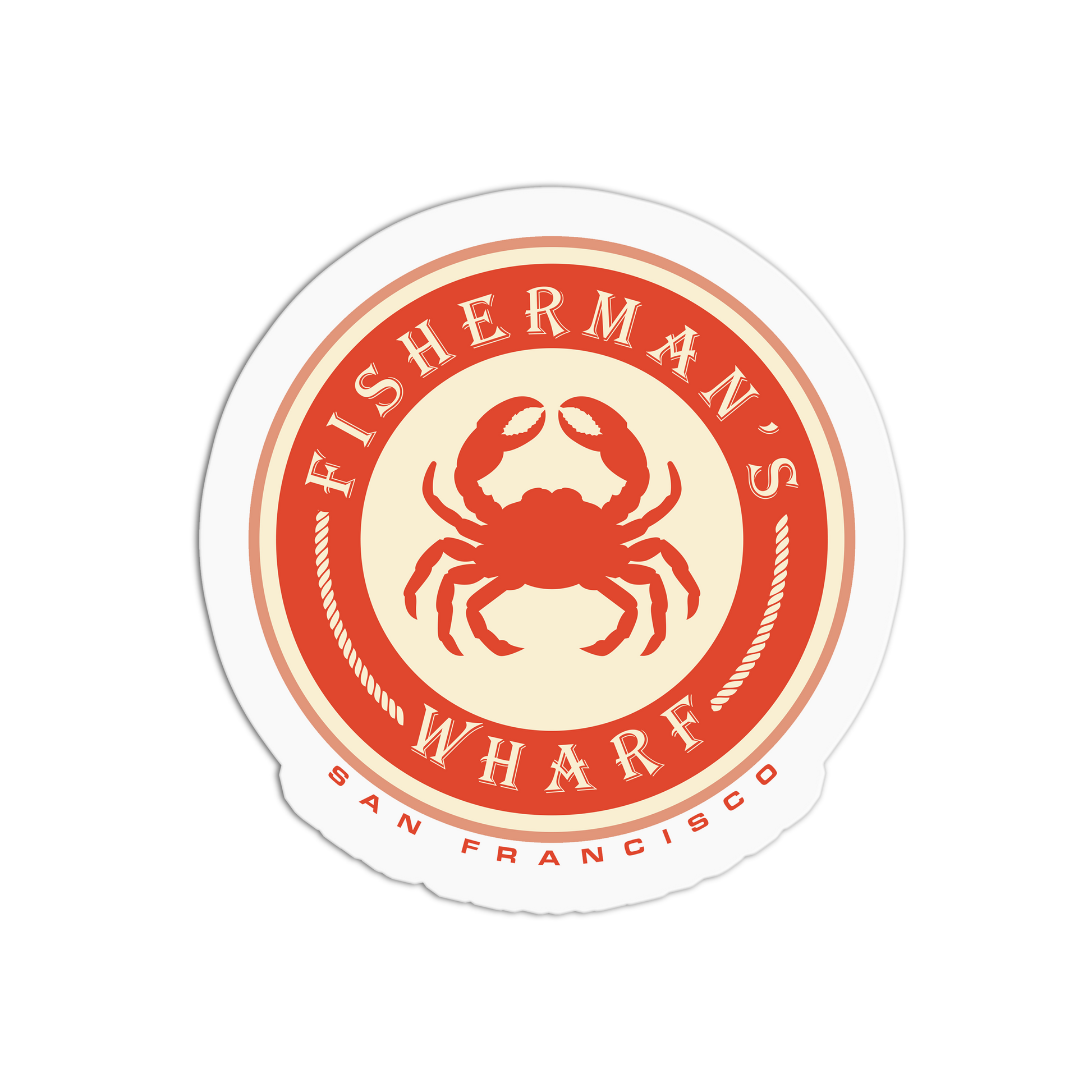 Sticker with 'Fisherman's Wharf, San Francisco' logo featuring a crab illustration on a white background.