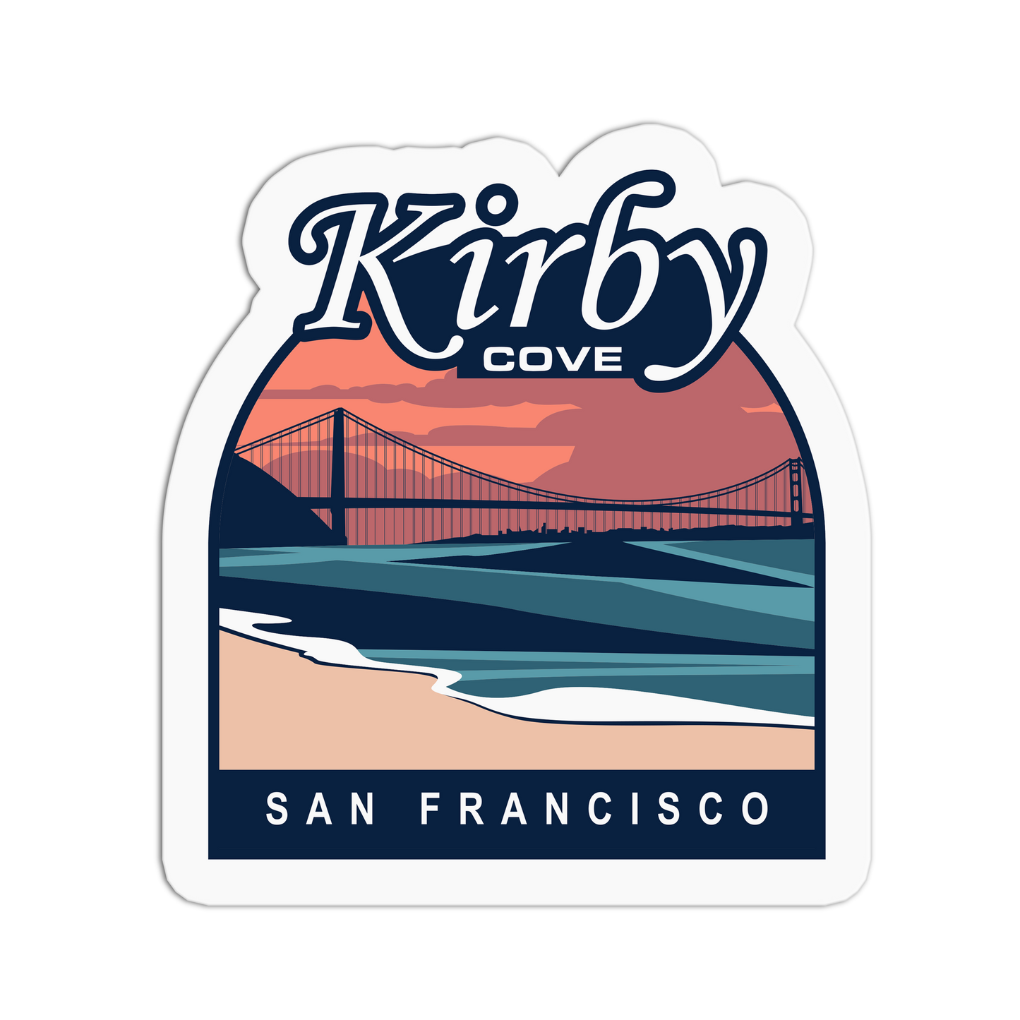 Sticker with 'Kirby Cove San Francisco' design featuring a bridge and landscape.