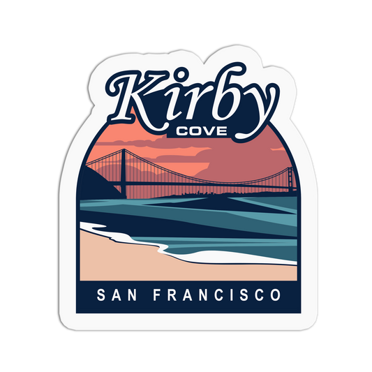Sticker with 'Kirby Cove San Francisco' design featuring a bridge and landscape.