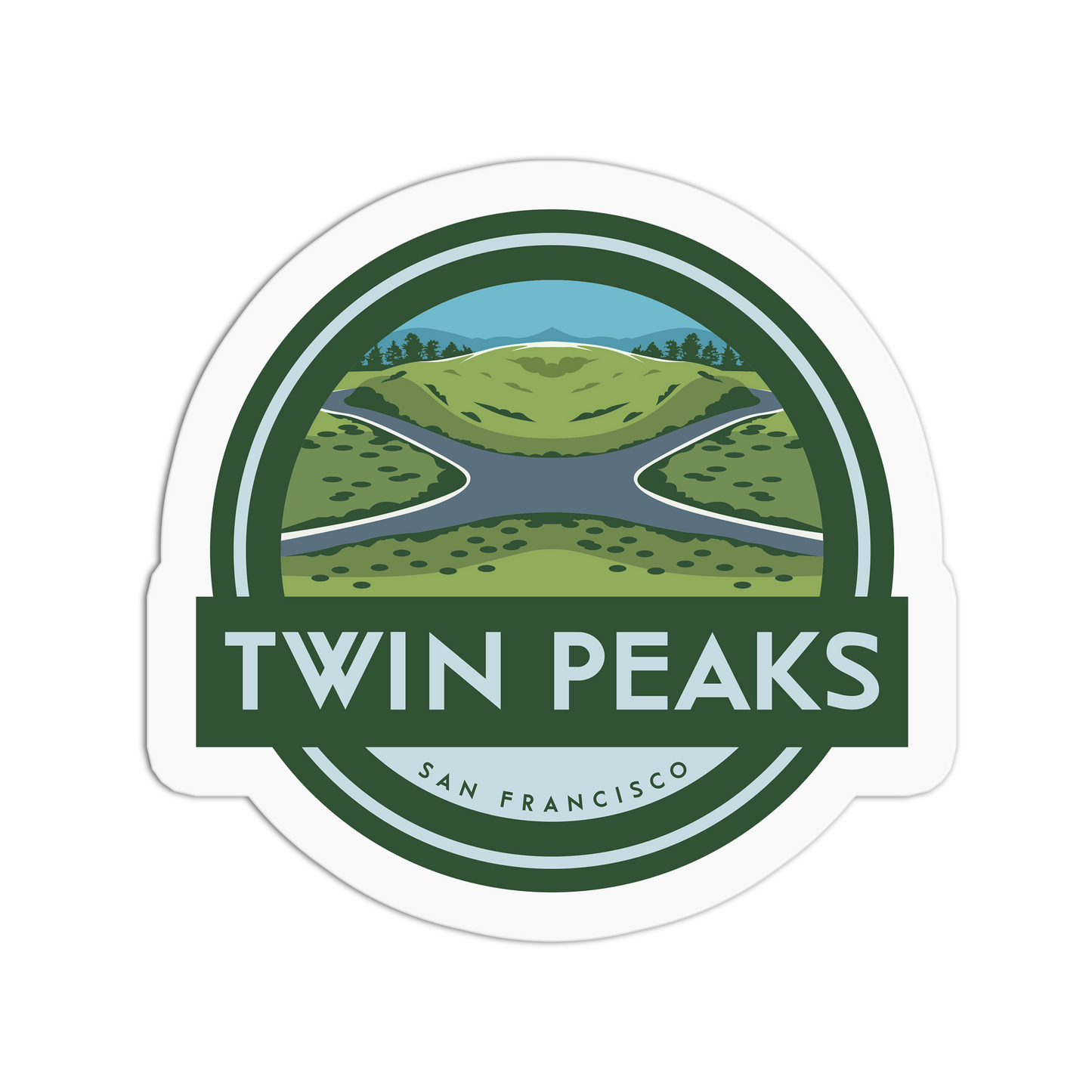 Sticker with 'Twin Peaks San Francisco' design on a white background