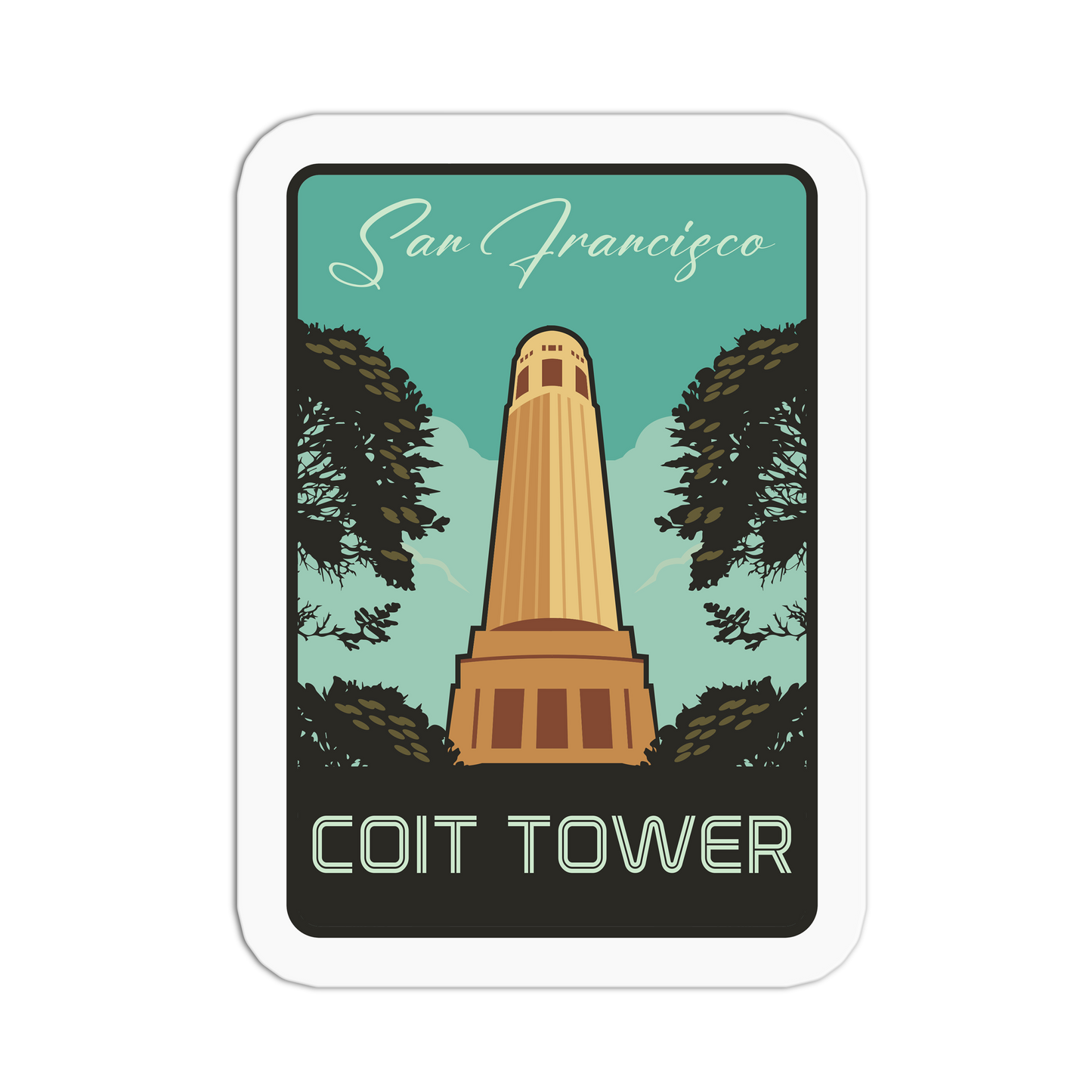Sticker of Coit Tower with trees and 'San Francisco' text on a teal background