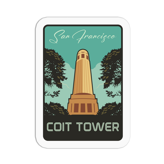 Sticker of Coit Tower with trees and 'San Francisco' text on a teal background