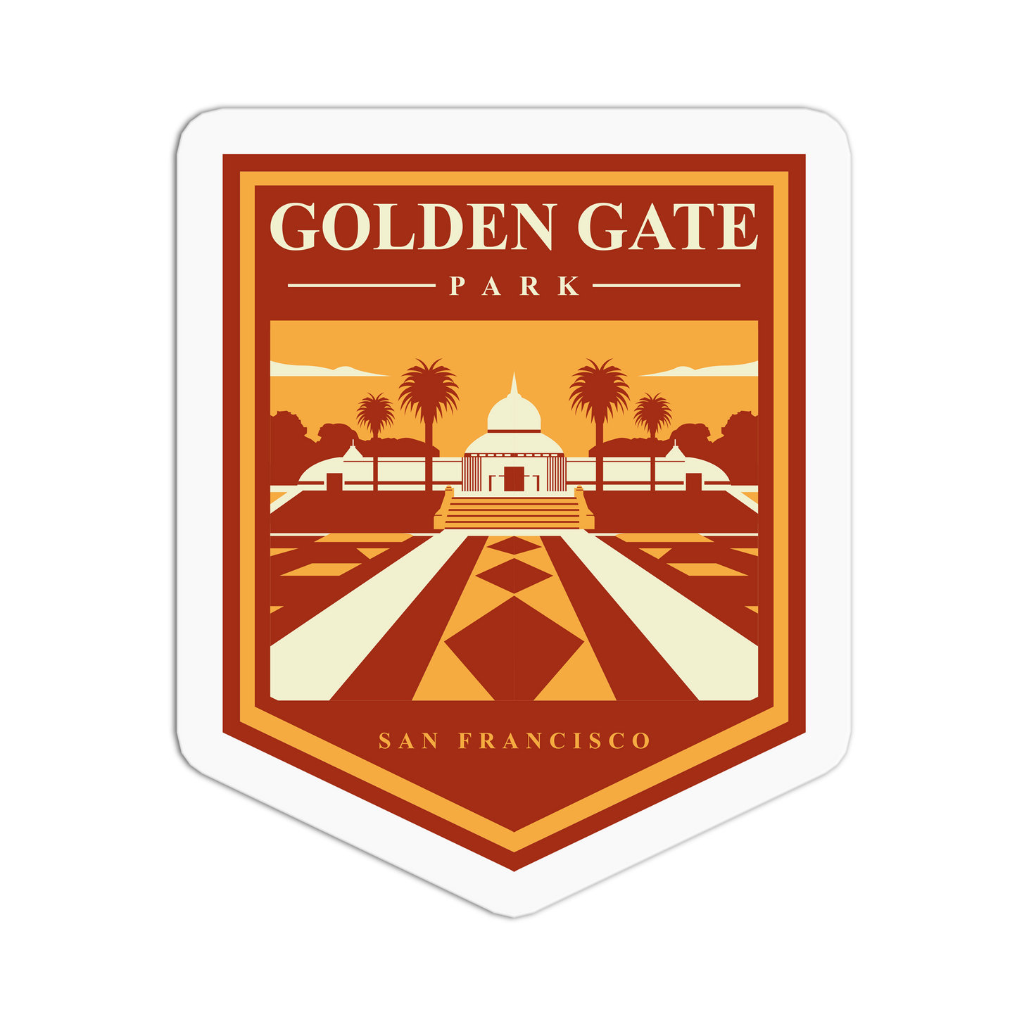 Sticker design of Golden Gate Park with a scenic illustration and text.