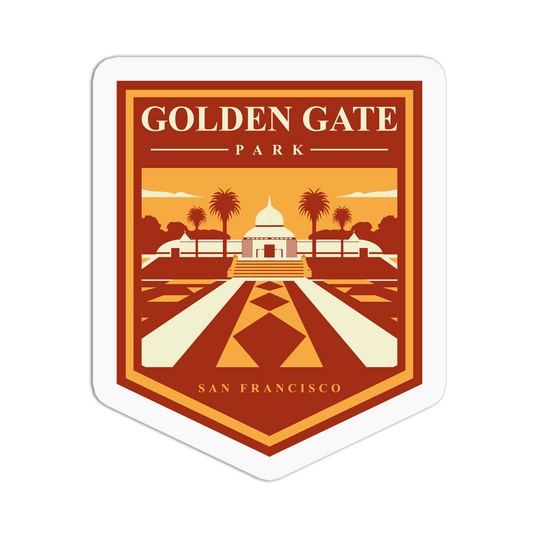 Sticker design of Golden Gate Park with a scenic illustration and text.