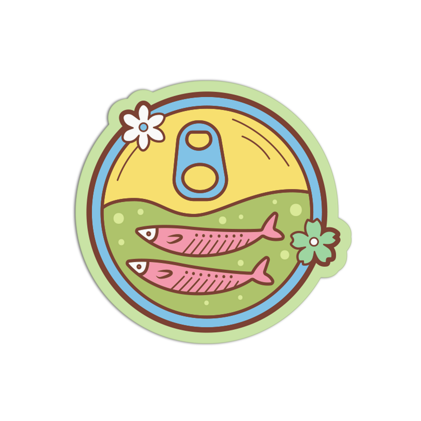 Colorful circular sticker with fish, flowers, and a number 8 on a white background