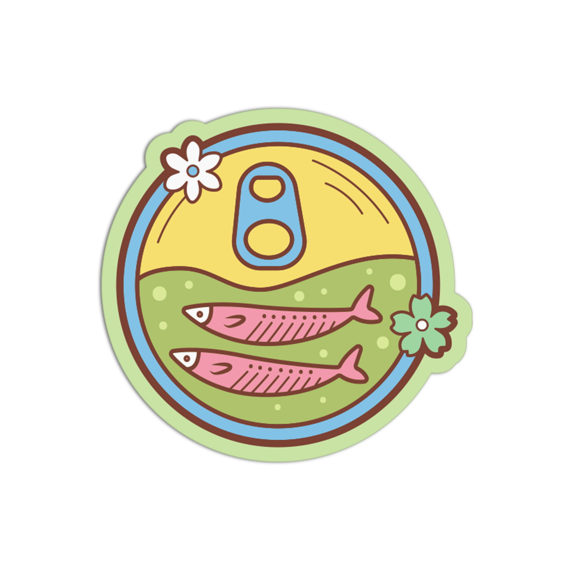 Colorful circular sticker with fish, flowers, and a number 8 on a white background