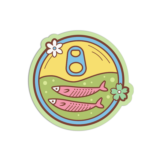 Colorful circular sticker with fish, flowers, and a number 8 on a white background