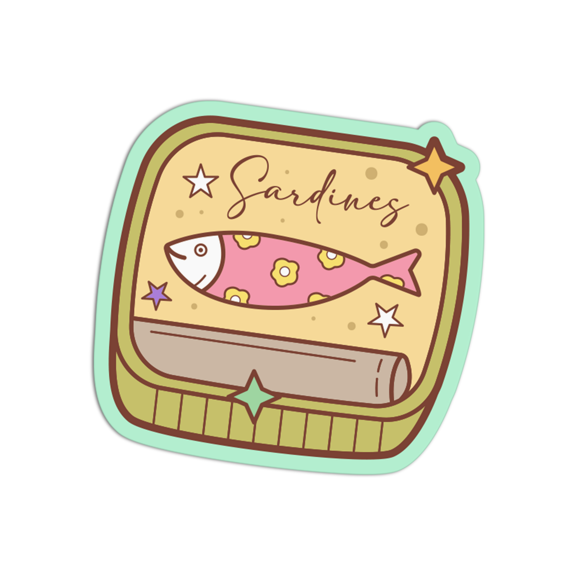 Sticker of a cartoon sardine can with a pink fish on a white background