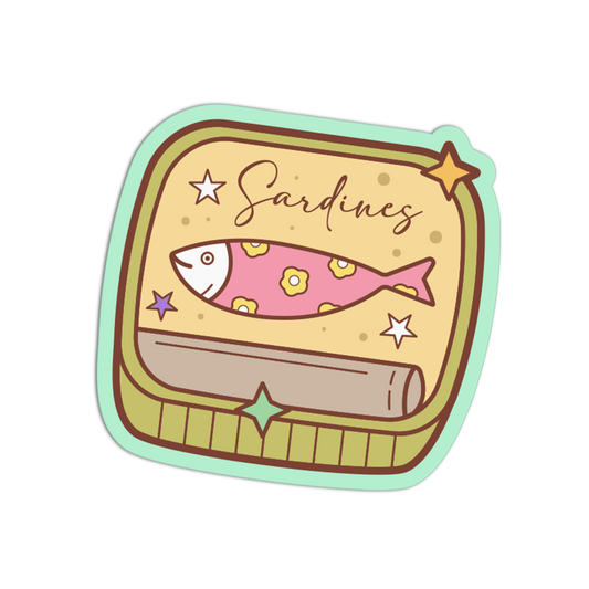 Sticker of a cartoon sardine can with a pink fish on a white background