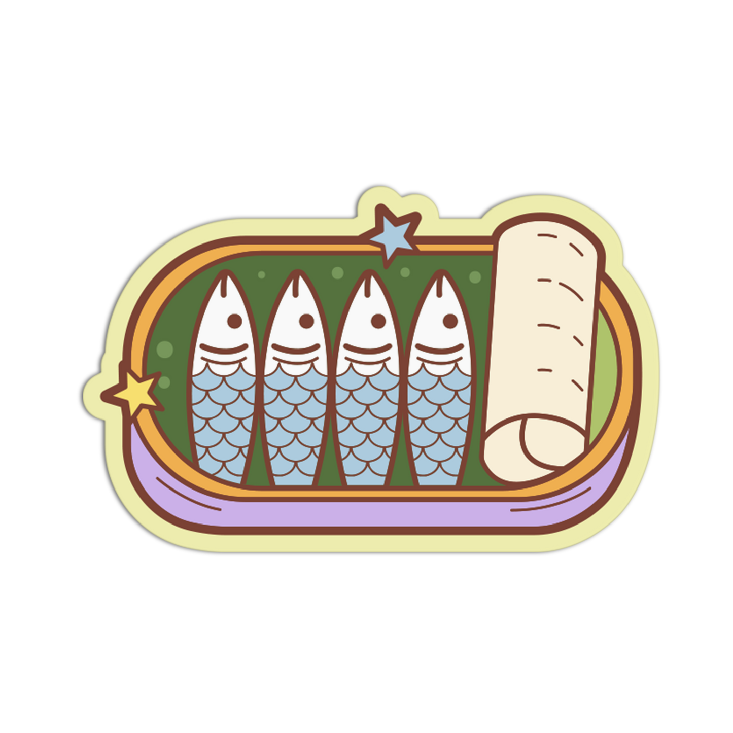 Illustration of four fish in a container with a scroll on a white background